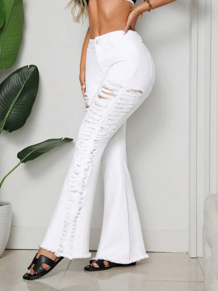 CM-BS731368 Women Casual Seoul Style Ripped Pockets Skinny Flared Leg Jeans - White