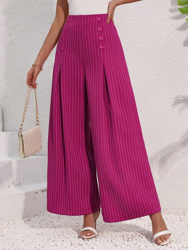 CM-BS907070 Women Casual Seoul Syle Striped High Waist Pleated Wide Leg Pants