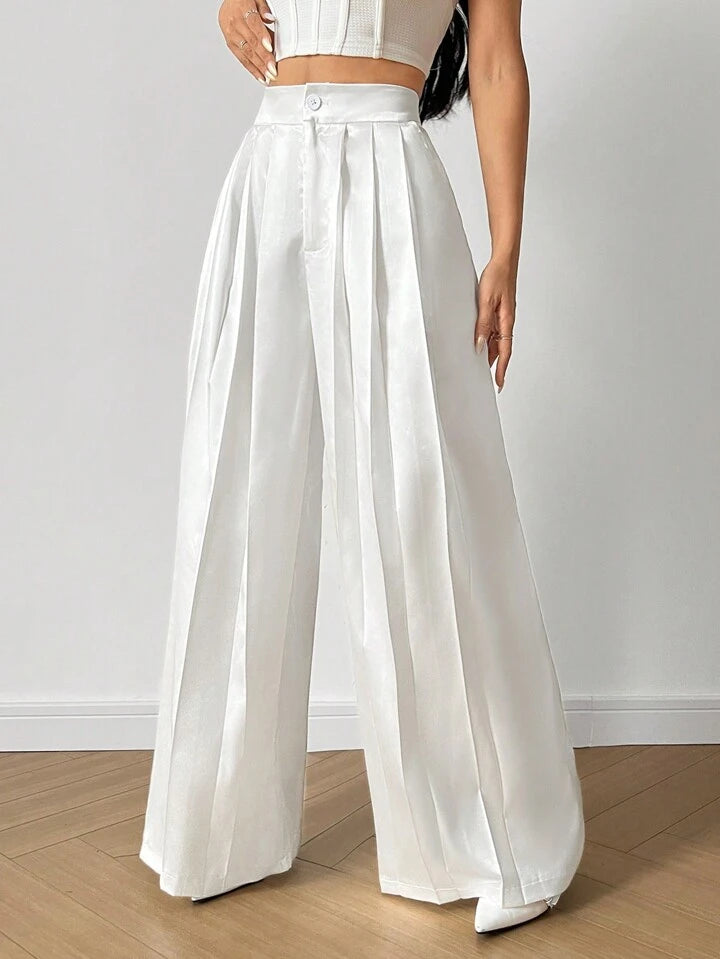 CM-BS196929 Women Casua Seoul Style Solid Color Pleated Wide Leg Trousers - White