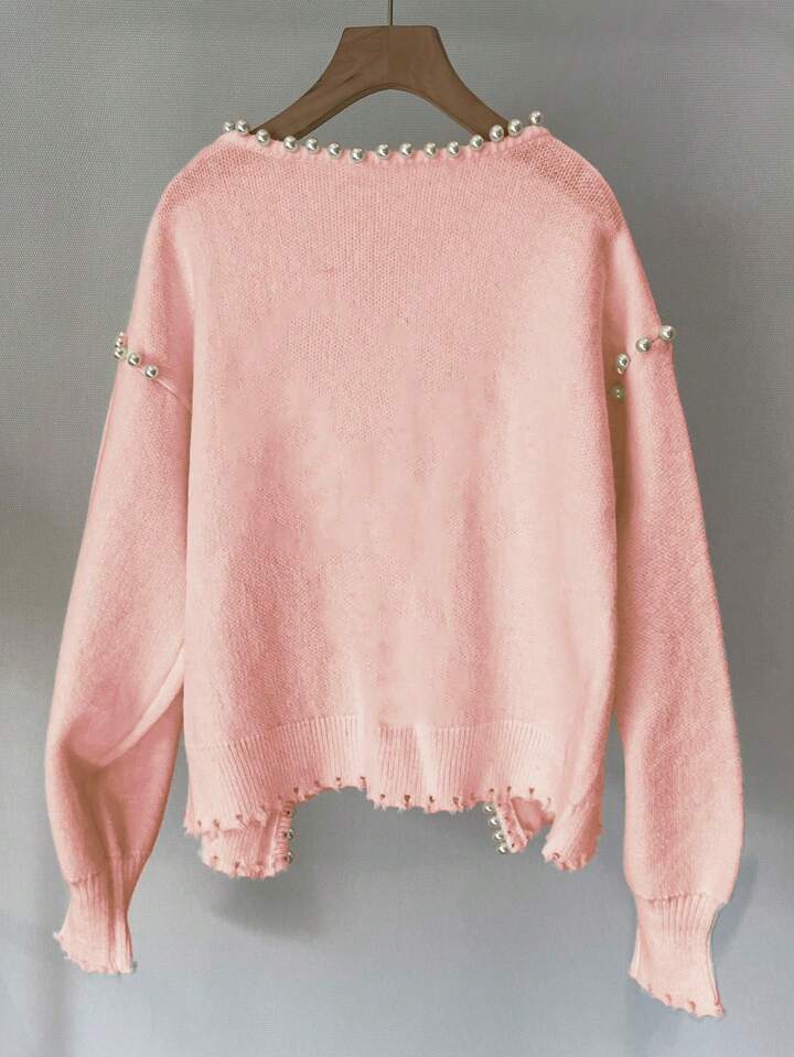 CM-CS621759 Women Casual Seoul Style Pearl Trim Distressed Hem Long Sleeve Knit Sweater - Pink