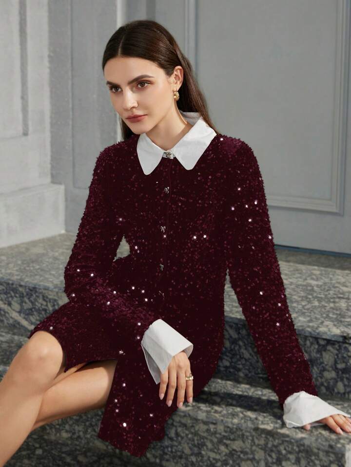 CM-DS117007 Women Elegant Seoul Style Sequin Patchwork Colorblock Shirt Collar Long Sleeve Midi Dress