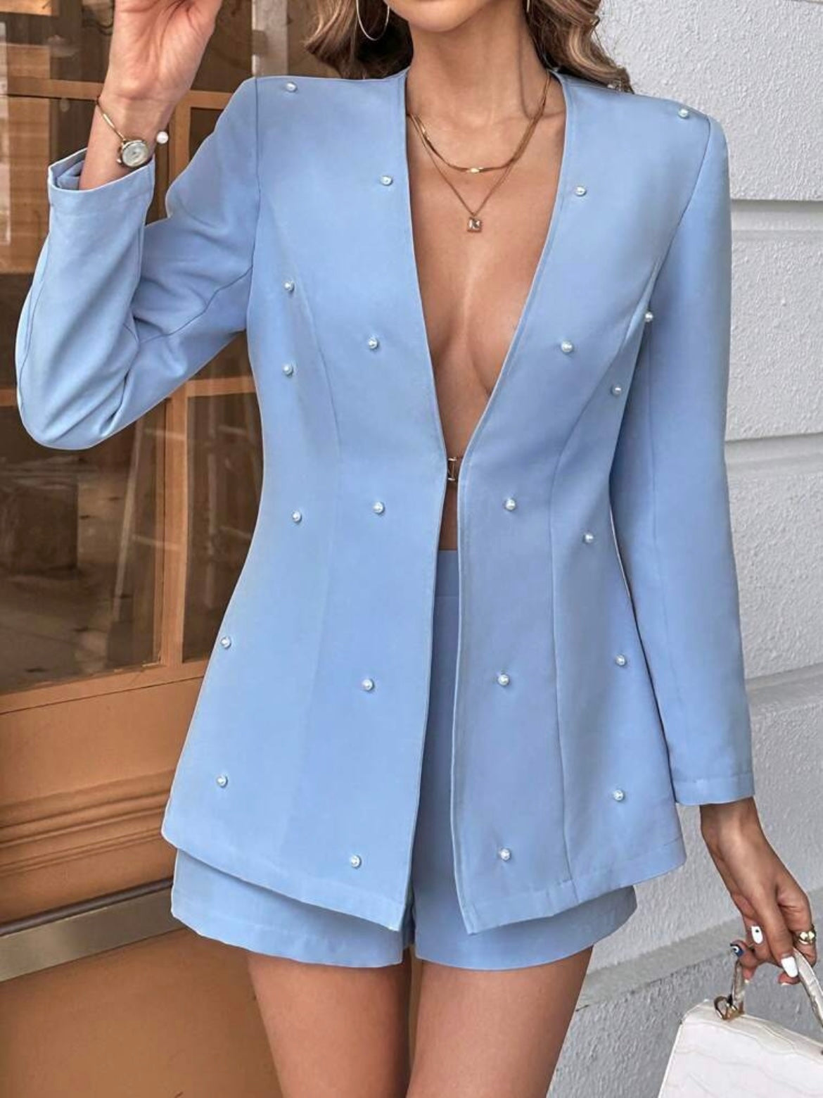 CM-SS980803 Women Elegant Seoul Style Pearls Beaded Open Front Blazer With Shorts - Set