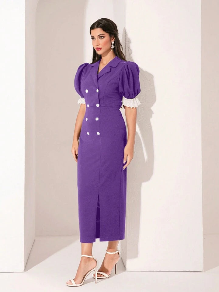 CM-DS068804 Women Elegant Seoul Style Lace Patchwork Double-Breasted Puff Sleeve Dress - Purple