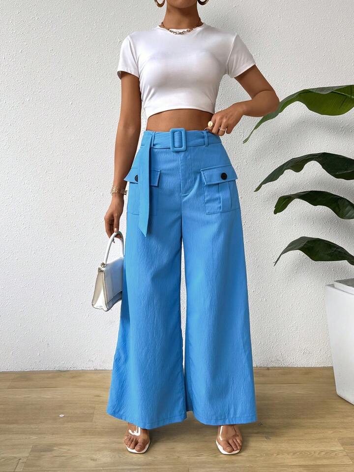 CM-BS942134 Women Casual Seoul Style Flap Pocket Buckle Belted Wide Leg Pants - Blue