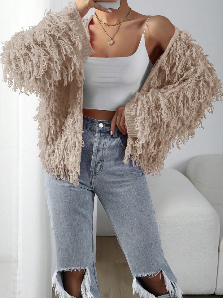 CM-CS117553 Women Casual Seoul Style Long Sleeve Shaggy Knit Duster Cardigan - Khaki