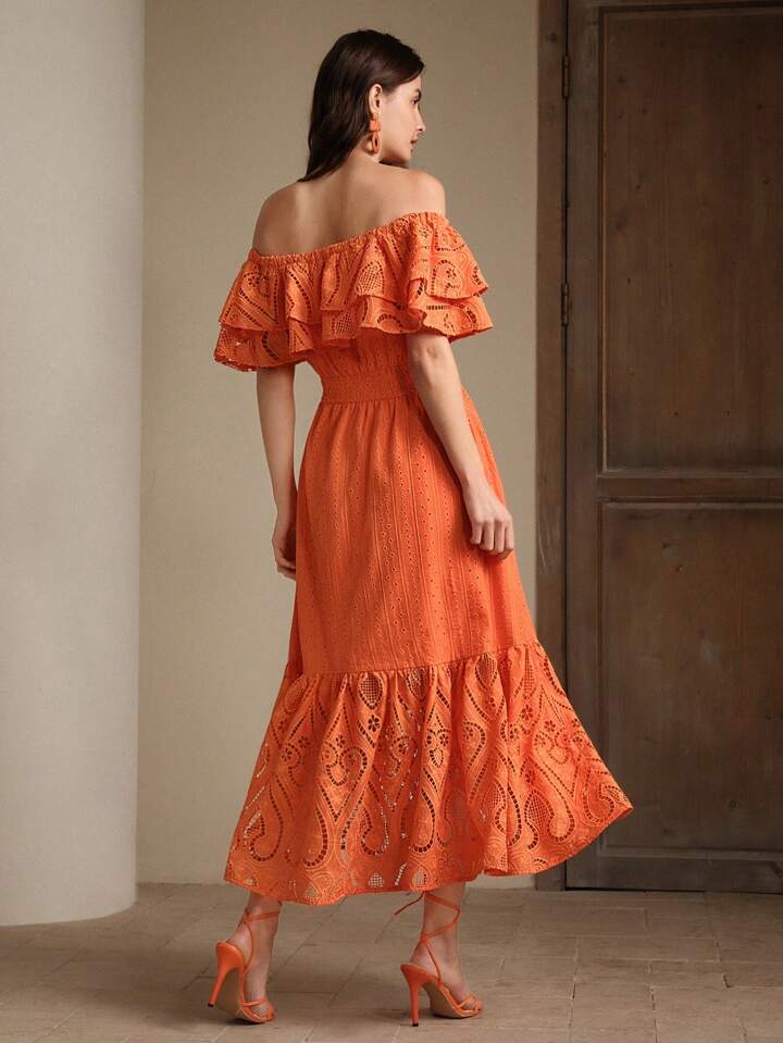 CM-DS642728 Women Elegant Seoul Style Hollow-Out Embroidered Lace Off-Shoulder Dress - Orange