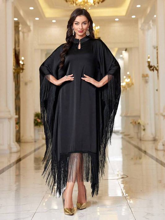 CM-DS970154 Women Elegant Seoul Style Keyhole Neckline Tassel Decor Loose Fit Dress - Black