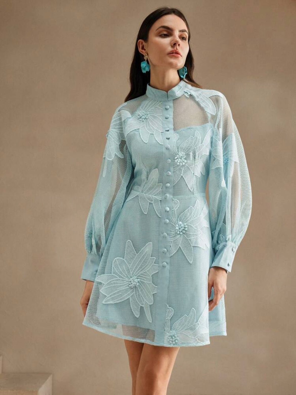 CM-DS852705 Women Elegant Seoul Style Collar Neckline Lace Cinched Waist Lantern Sleeve Dress - Baby Blue