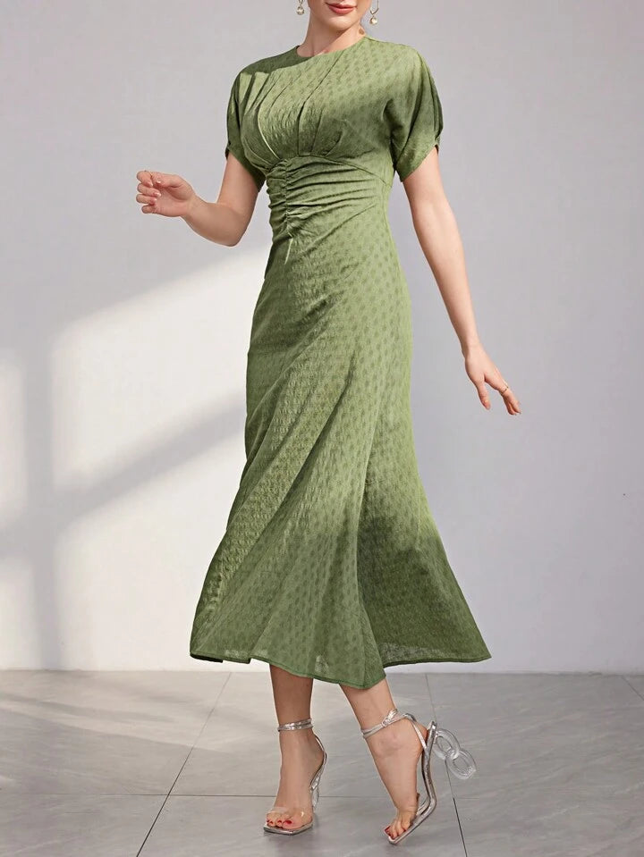 CM-DS764766 Women Elegant Seoul Style Round Neck Short Sleeve Pleated Waist Dress - Green