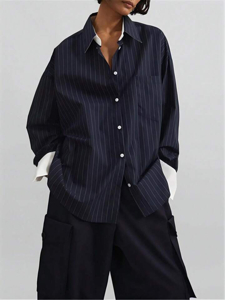CM-TS867357 Women Elegant Seoul Style Shirt Collar Button Front Long Sleeve Striped Blouse - Navy Blue