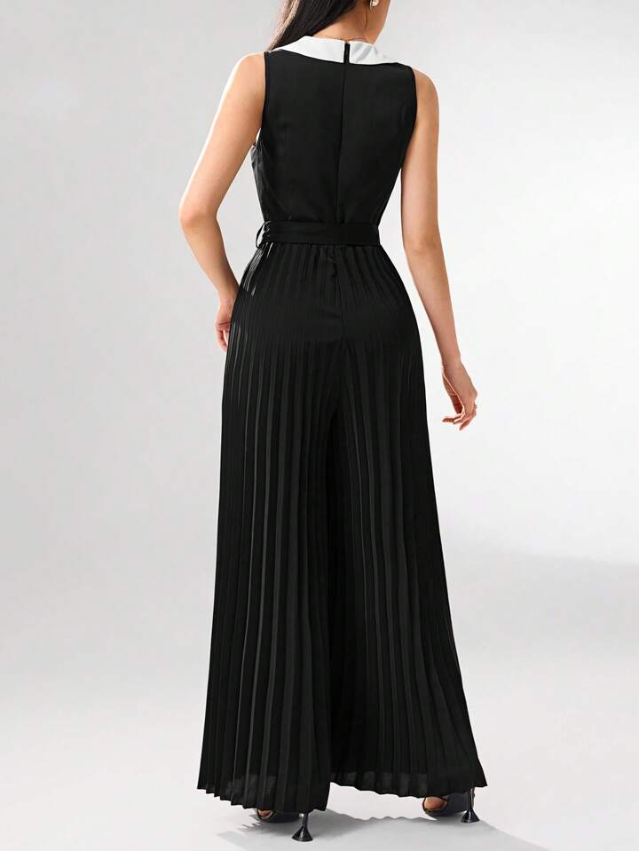 CM-JS023123 Women Elegant Seoul Style Lapel Neckline Sleeveless High Waist Pleated Jumpsuit - Black
