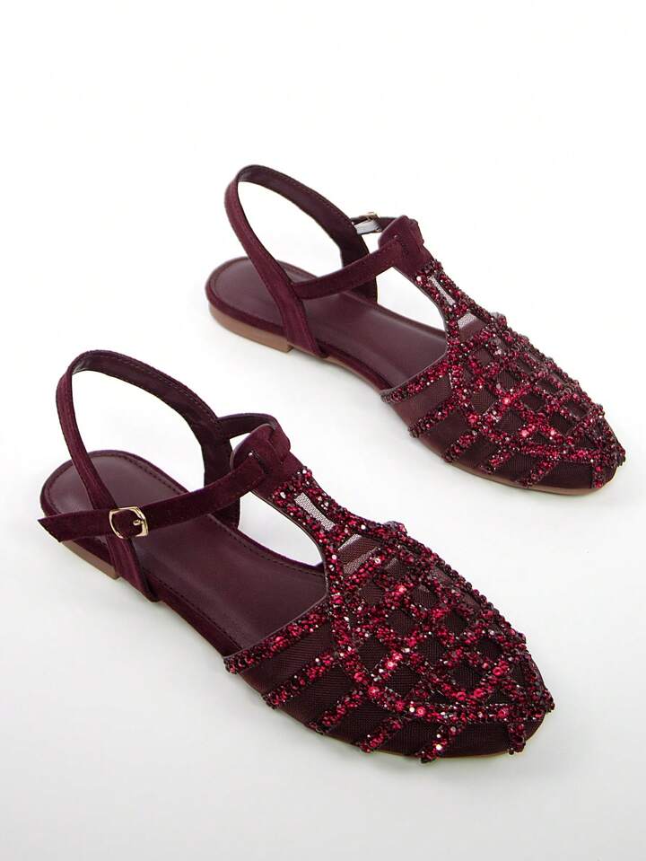 CM-SHS366289 Women Trendy Seoul Style Rhinestone Decor Hollow Faux Suede Round Toe Flats With Ankle Strap