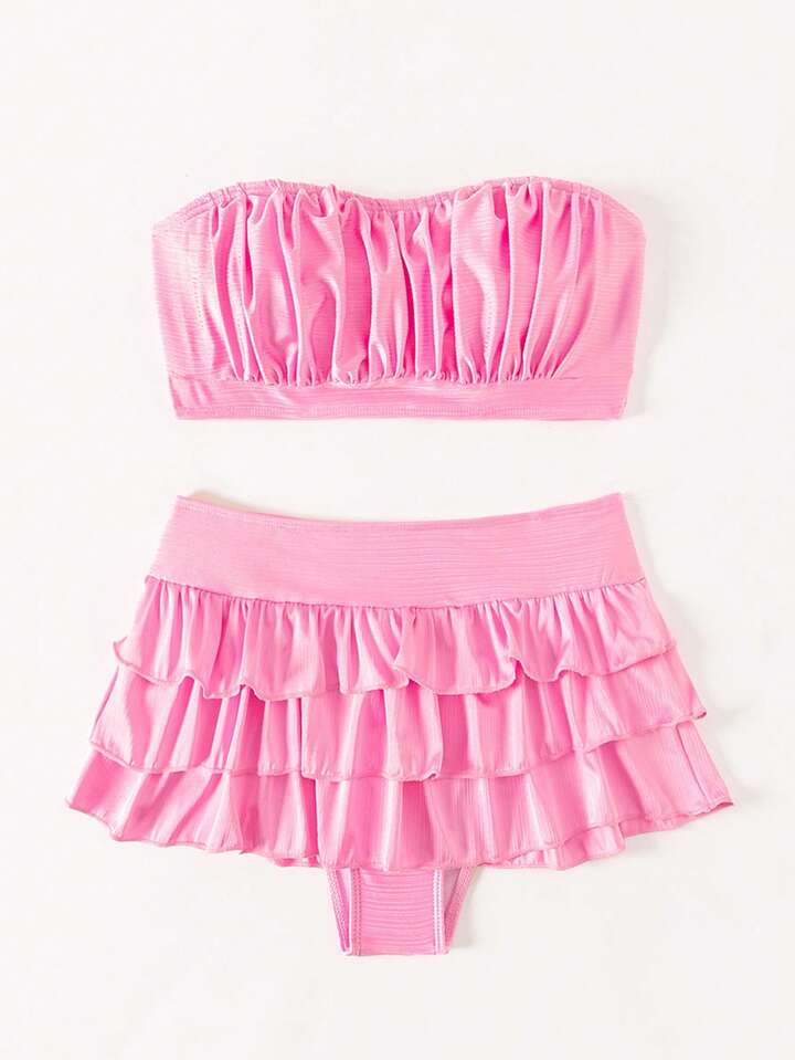 CM-SWS652982 Women Trendy Seoul Style Ruffled Tiered Layer Swimsuit - Pink