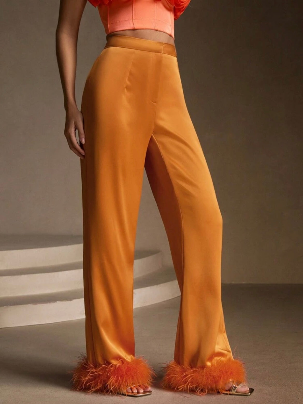 CM-BS786377 Women Elegant Seoul Style Contrast Feather Satin Wide-Leg Pants - Orange