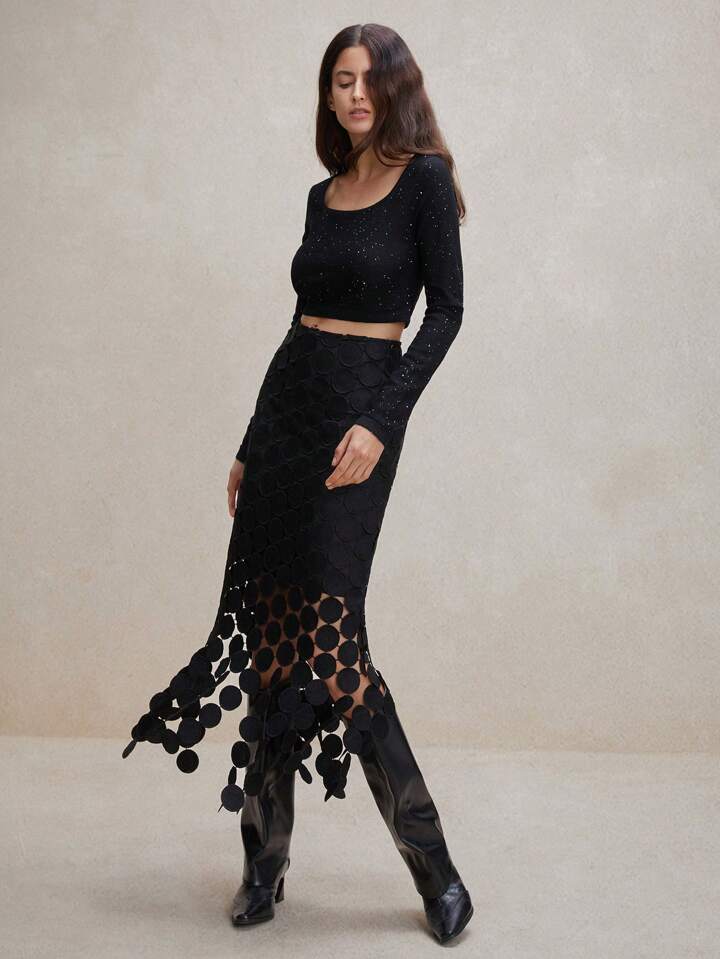 CM-BS464307 Women Trendy Bohemian Style Laser Cut Multi Circle Double Layered Maxi Skirt - Black