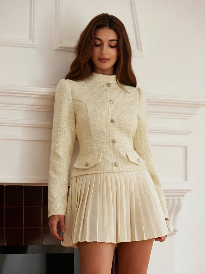 CM-DS876080 Women Elegant Seoul Style Waist Cinching Slimming Textured Patchwork Pleated Dress - Apricot