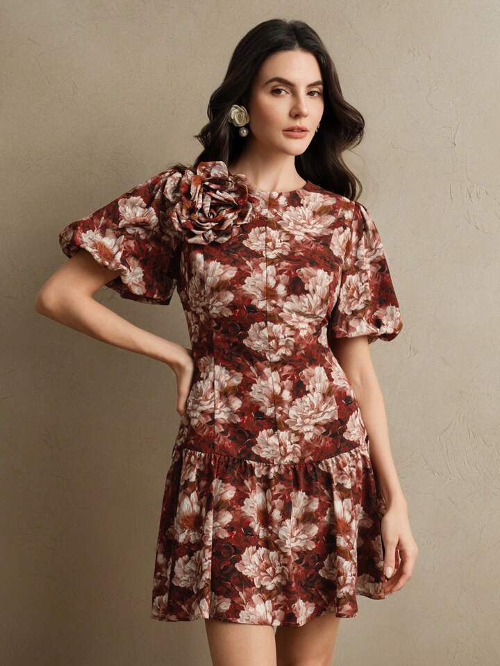 CM-DS955174 Women Elegant Seoul Style Floral Print Round Neck Puff Sleeve And Cinched Waist Mini Dress