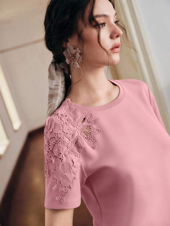 CM-TS182900 Women Elegant Seoul Style Round Neck Short Sleeve Lace Patchwork 3D Embroidered Floral Knit T-Shirt - Dusty Pink