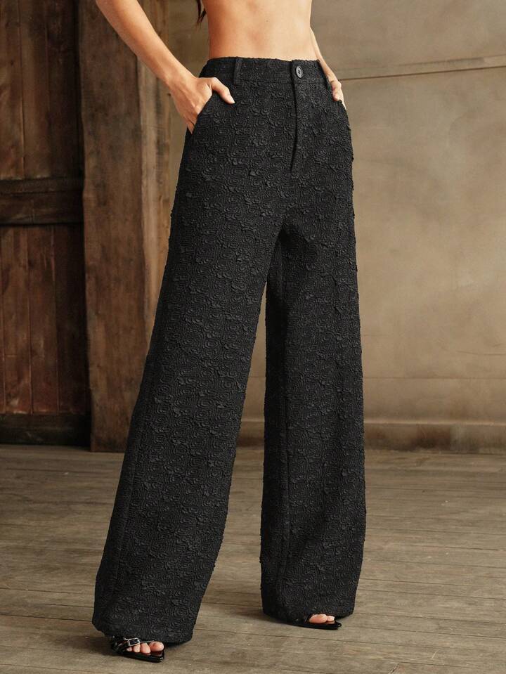 CM-BS522392 Women Elegant Seoul Style Minimalist Textured Wide Leg Pants - Black