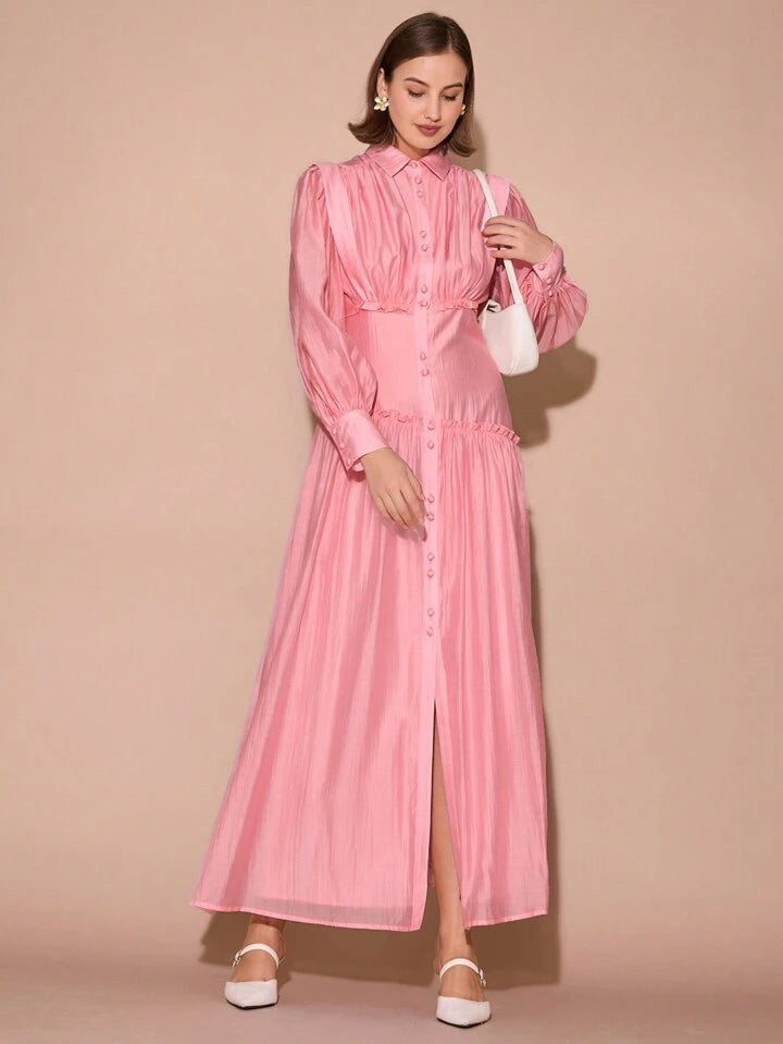 CM-DS410178 Women Elegant Seoul Style Collar Neckline Front Button Lantern Long Sleeve Gathered Maxi Dress