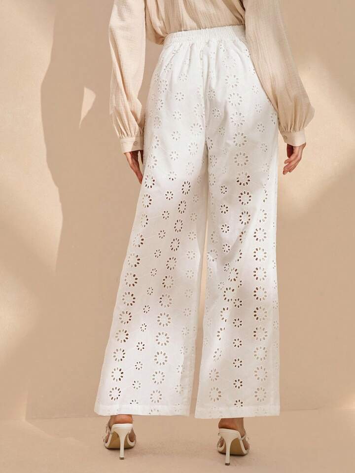 CM-BS353019 Women Trendy Bohemian Style Patchwork Drop Waist Wide Leg Long Pants - White