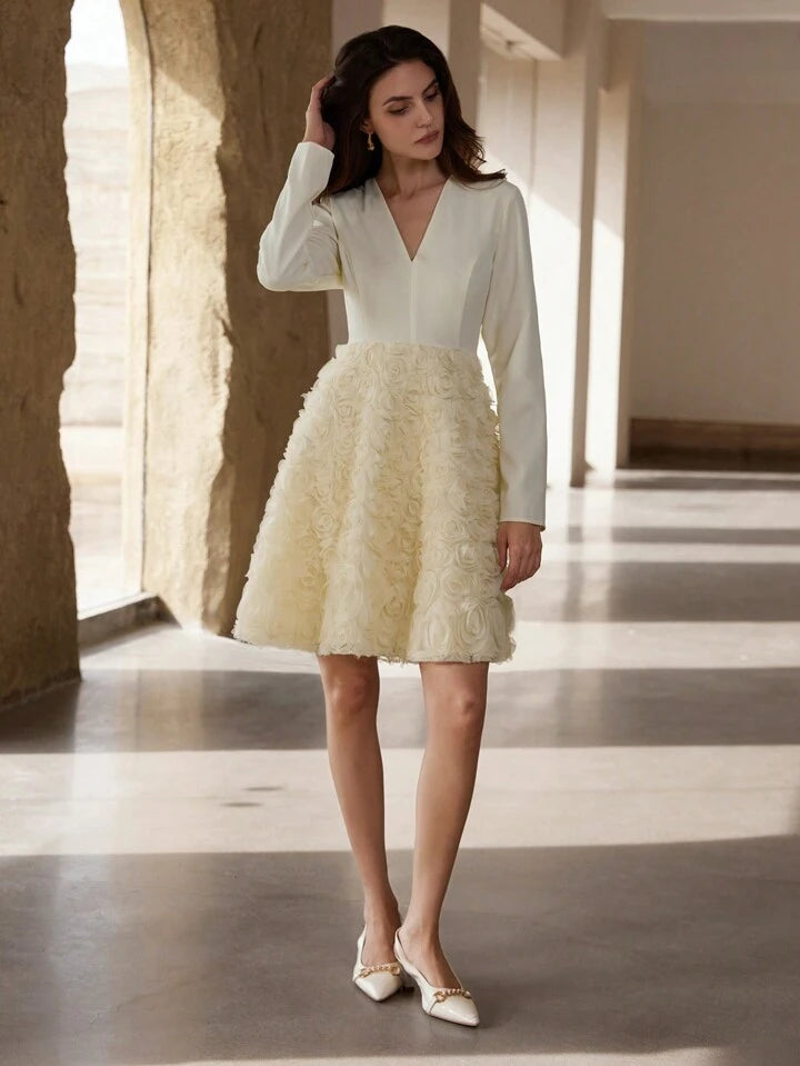 CM-DS762704 Women Elegant Seoul Style V-Neck Waist Cinched 3D Rose Floral Patchwork A-Line Midi Dress