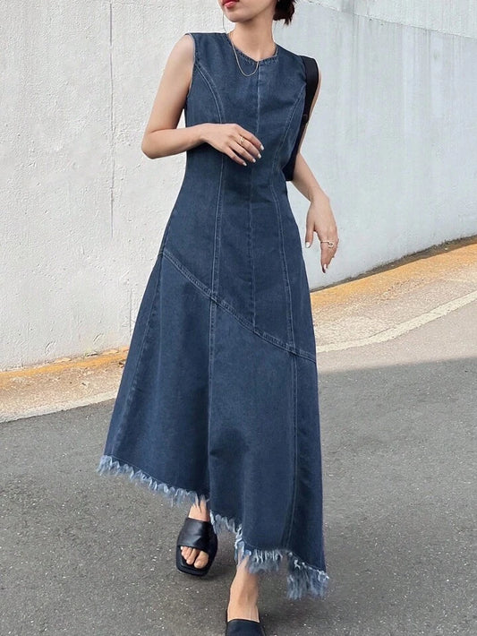 CM-DS567994 Women Casual Seoul Style Round Neck Frayed Hem Sleeveless Loose Denim Dress - Blue