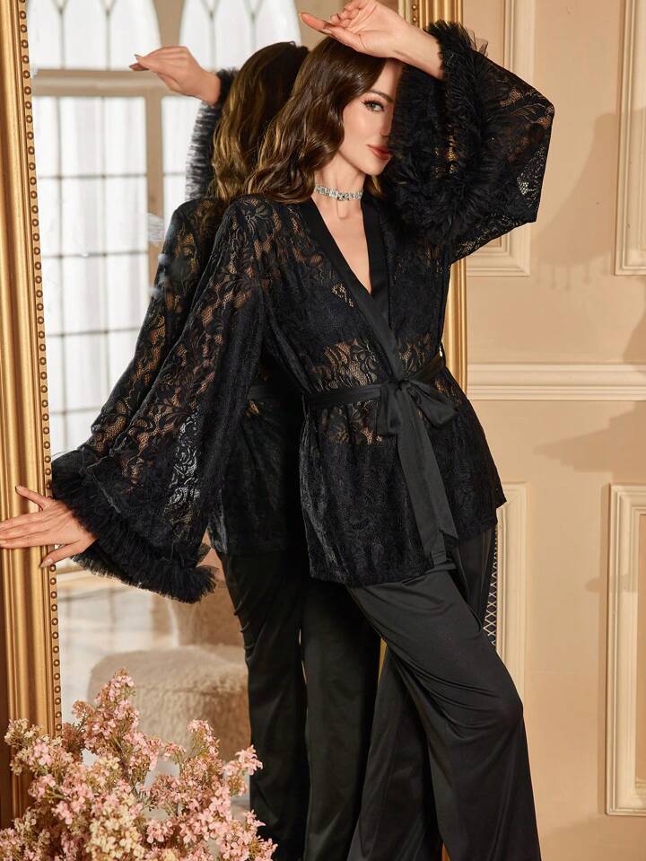 CM-LS048700 Women Trendy Seoul Style 3D Floral Lace Trim Sheer Top With Straight Leg Pants Pajama Set