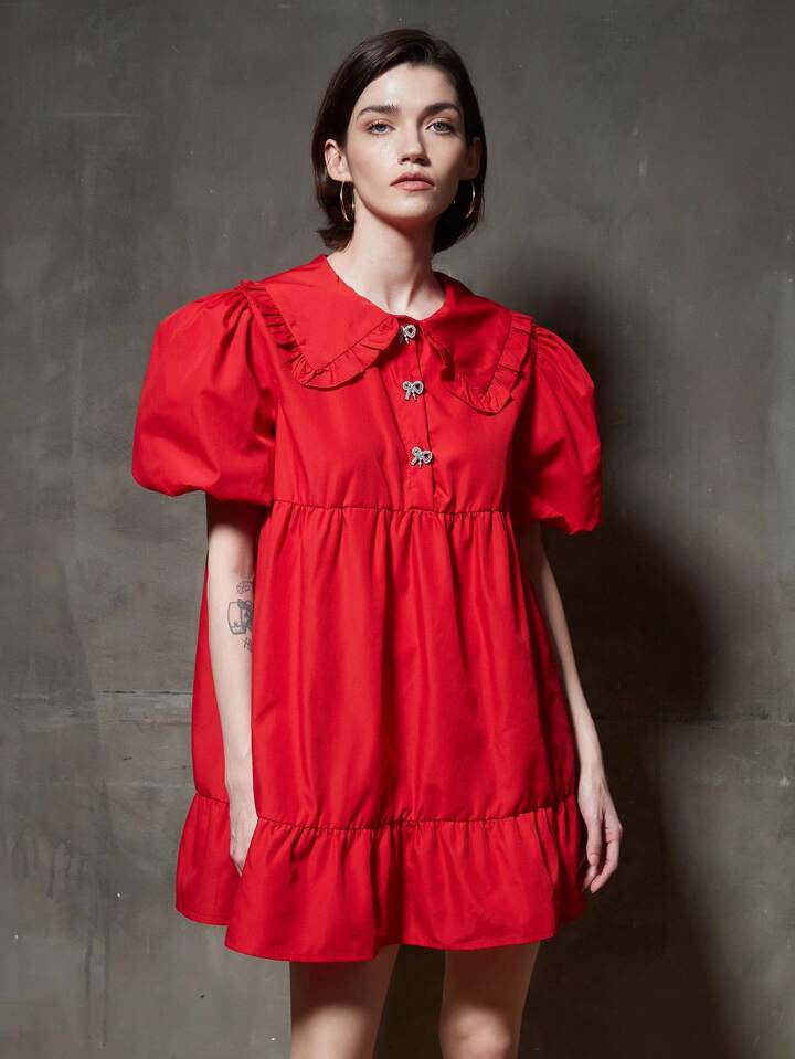 CM-DS665783 Women Elegant Seoul Style Peter Pan Collar Short Puff Sleeve Dress - Red