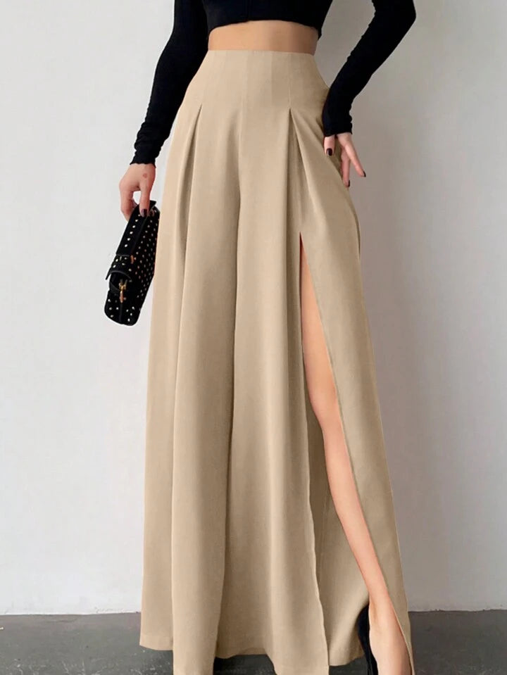 CM-BS632065 Women Casual Seoul Style High Slit Skirt Pants Trousers - Khaki