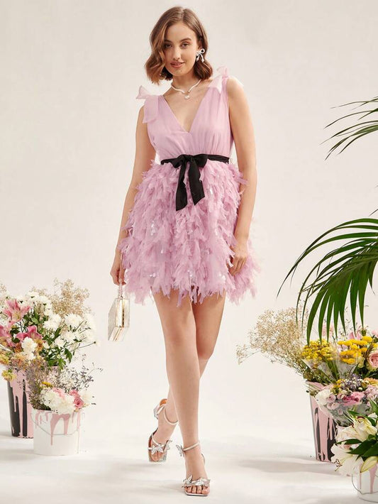 CM-DS533086 Women Elegant Seoul Style Tie Shoulder Belted Fuzzy Trim Dress With Belt - Pink