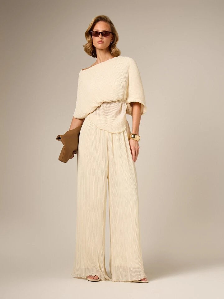 CM-TS515252 Women Casual Seoul Style Plisse Asymmetric Off Shoulder Batwing Sleeve Blouse - Apricot