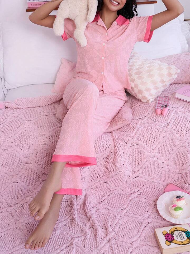 CM-LS048348 Women Trendy Seoul Style Floral Jacquard Knit Loose Pajama Set - Pink