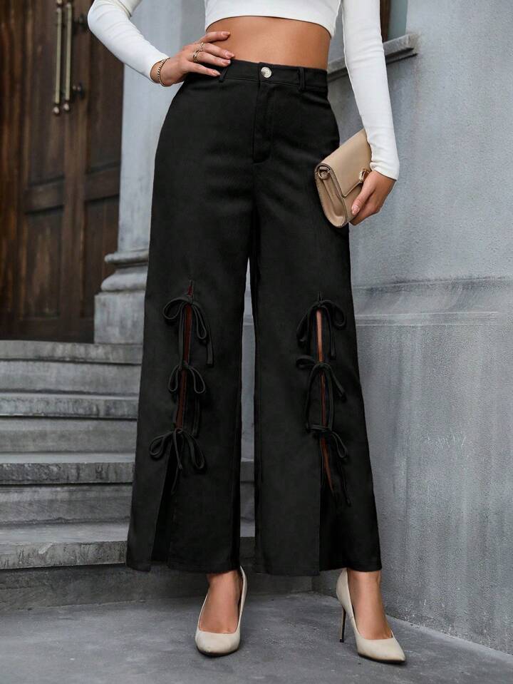 CM-BS641421 Women Casual Seoul Style Bowknot Decoration High Slit Wide Leg Pants - Black