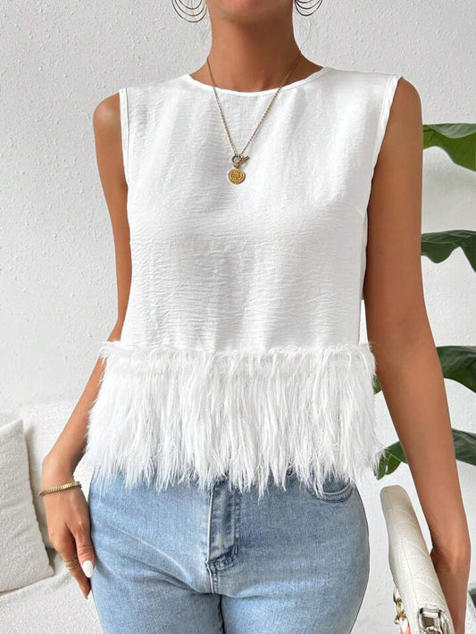 CM-TS998788 Women Casual Seoul Style Round Neck Sleeveless Loose Furry Hem Blouse - White