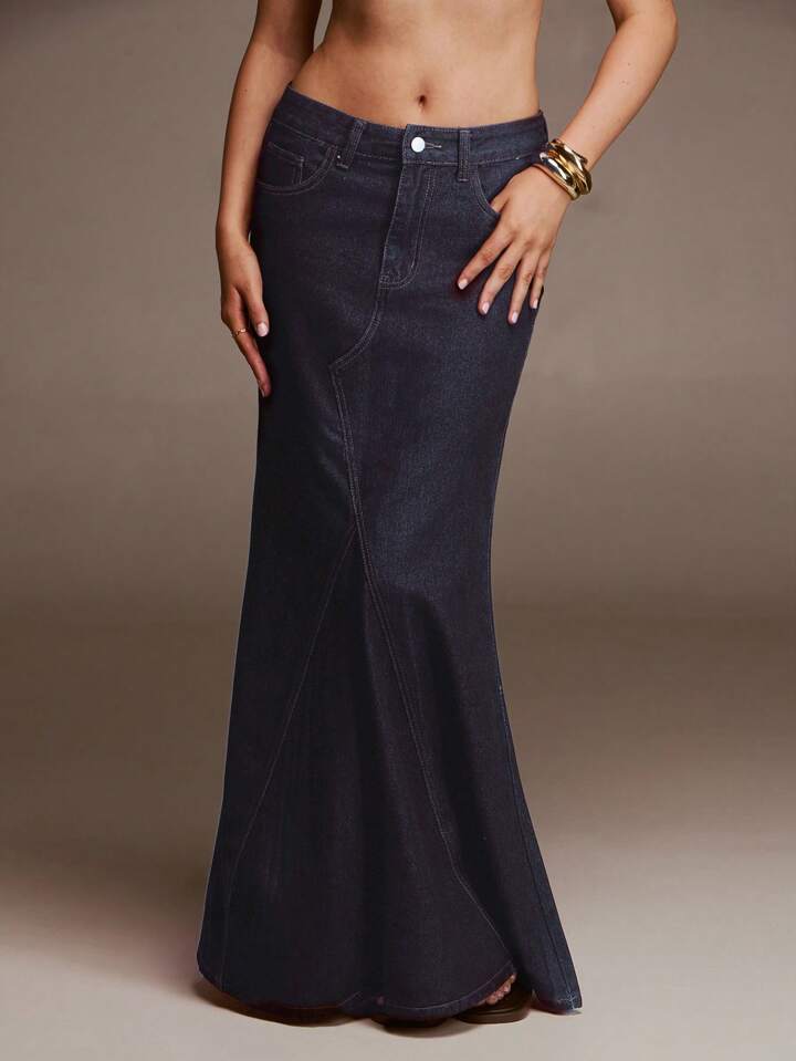 CM-BS368665 Women Casual Seoul Style Low Waist A-Line Fishtail Denim Skirt - Blue