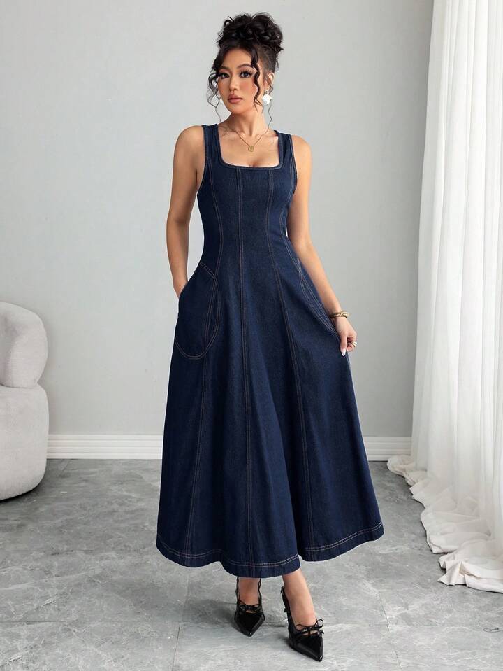 CM-DS167300 Women Elegant Seoul Style Dark Wash Square Neck Sleeveless High Waist Midi Denim Dress