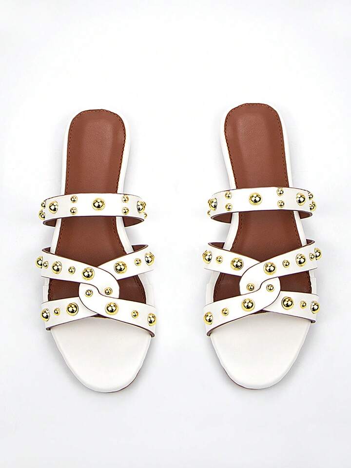 CM-SHS555173 Women Trendy Seoul Style Gold Rivet Decor Cutout PU Contrast Edged Round Toe Slip-On Flat Sandals