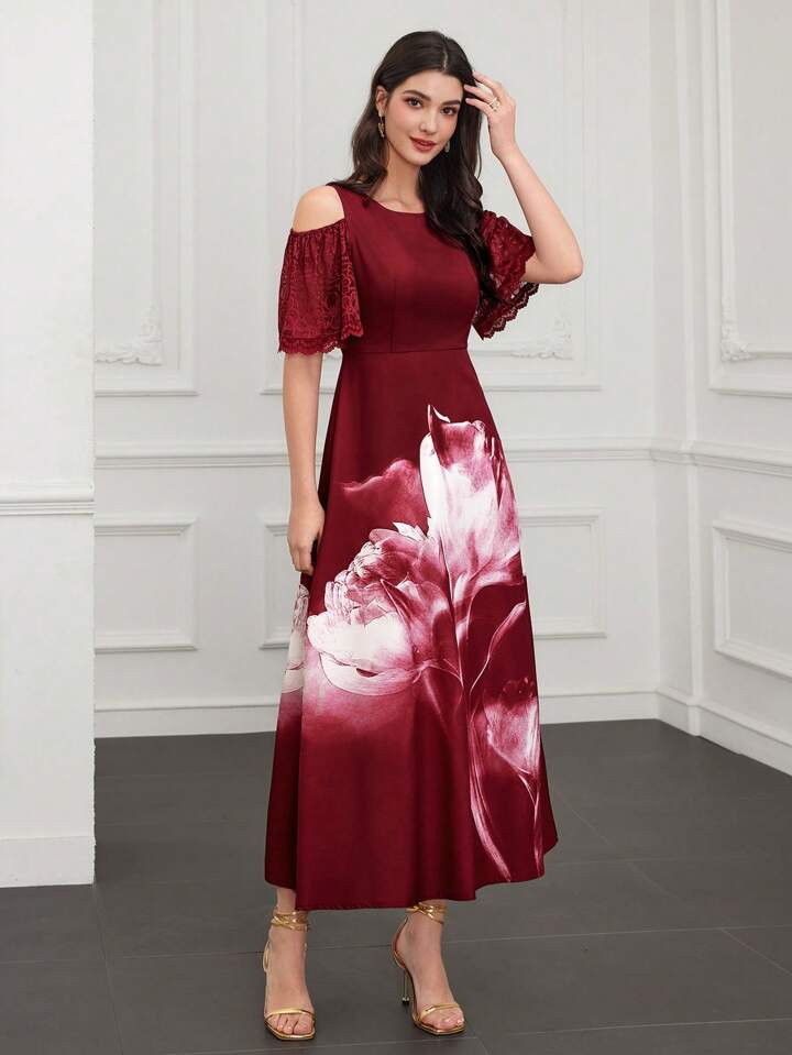 CM-DS943716 Women Elegant Seoul Style Asymmetrical Neck Floral Printed Off-Shoulder A-Line Dress