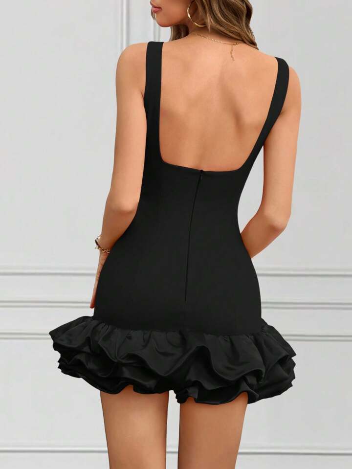 CM-DS349834 Women Elegant Seoul Style Round Neck Sleeveless Ruffle Hem Short A-Line Dress - Black