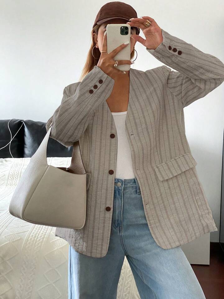 CM-CS450578 Women Casual Seoul Style V-Neck Long Sleeve Striped Loose Fit Linen Jacket - Gray