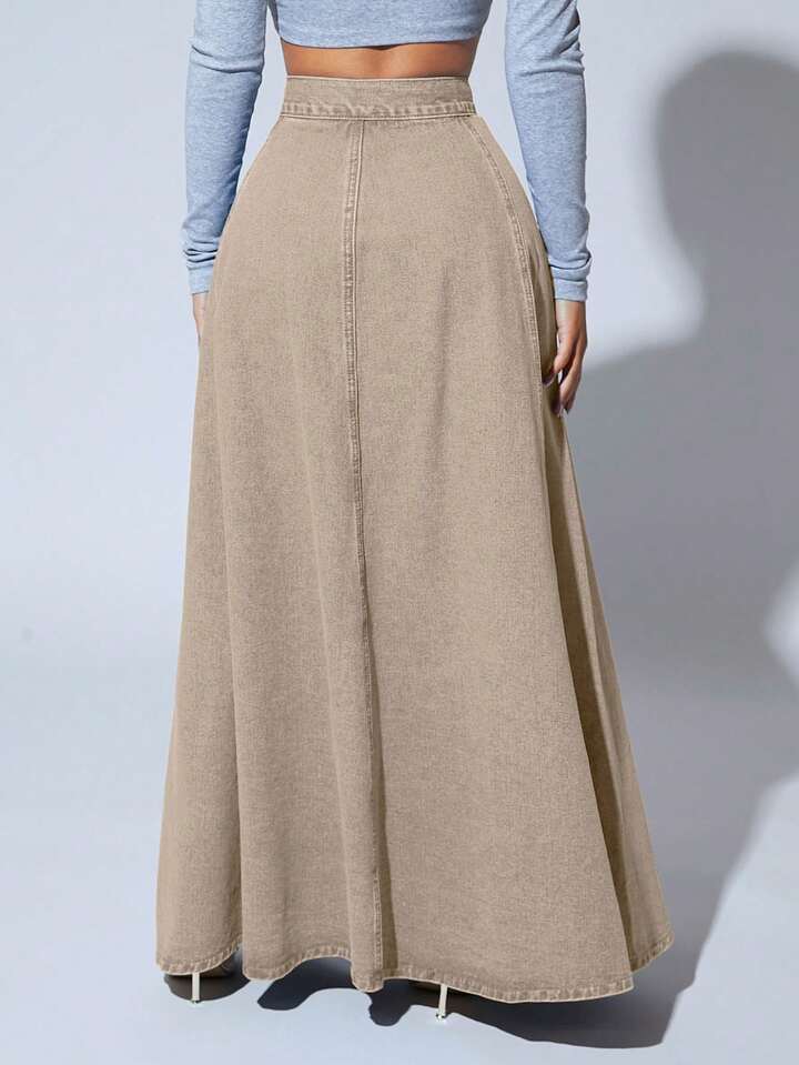 CM-BS789476 Women Casual Seoul Style High Waist Button Front Extra Long Denim Skirt - Apricot