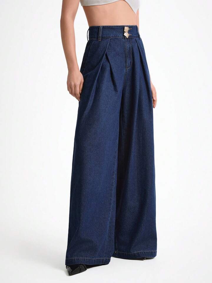 CM-BS622223 Women Casual Seoul Style Dark Wash High Waisted Baggy Wide Leg Jeans