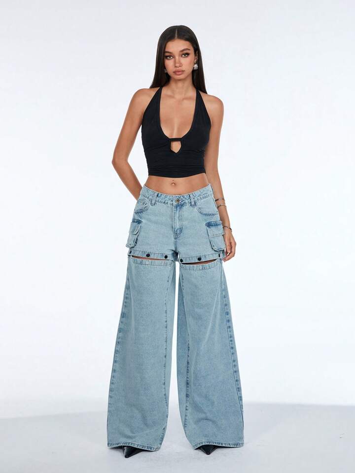 CM-BS743441 Women Casual Seoul Style Mid Waist Solid Color Wide-Leg Hollow Out Pocket Jeans - Blue
