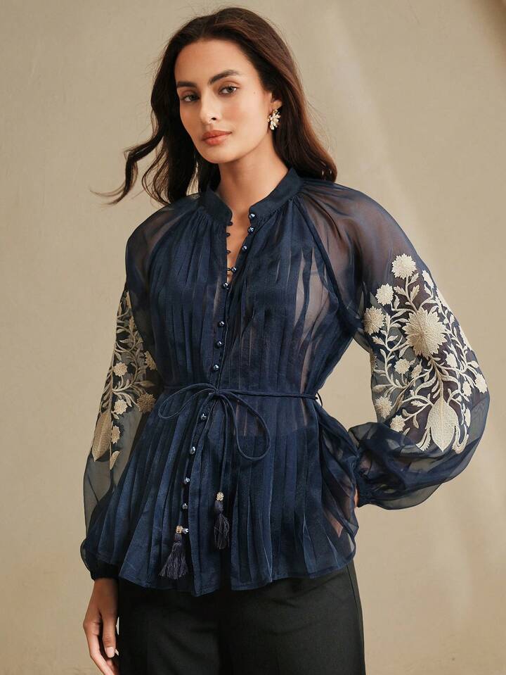CM-TS591697 Women Elegant Seoul Style Stand Collar Long Sleeve Pleated Embroidered Tie Waist Blouse - Navy Blue