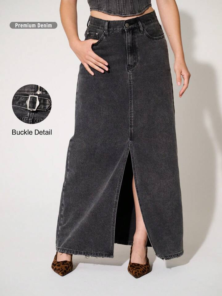 CM-BS352224 Women Casual Seoul Style Non-Stretch Drop Waist Slit Denim Maxi Skirt - Gray