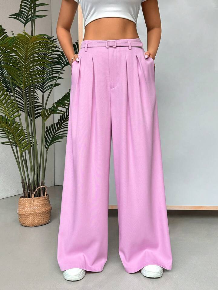 CM-BS652362 Women Elegant Seoul Style Solid Color Pleated Loose Fit Straight Leg Pants - Pink