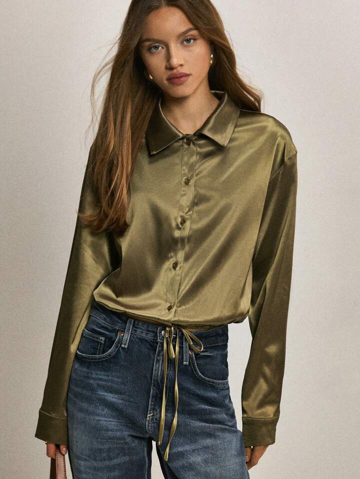 CM-TS161793 Women Elegant Seoul Style Collar Neckline Long Sleeve Drawstring Satin Blouse - Green