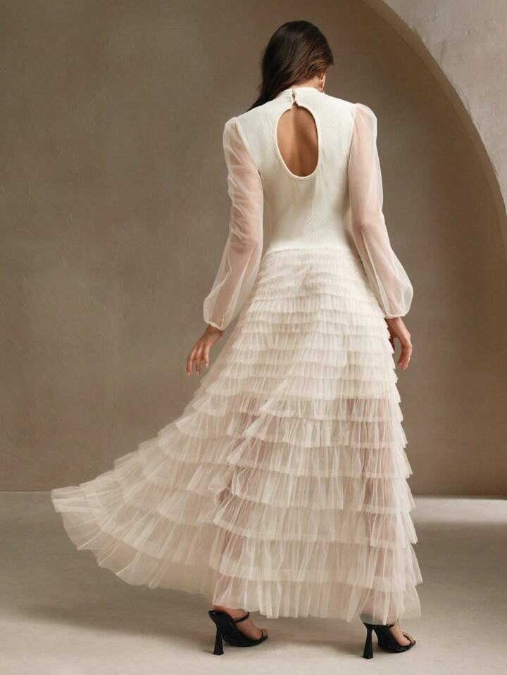CM-DS765537 Women Elegant Seoul Style Stand Collar Long Sleeve Mesh Patchwork Layered Dress