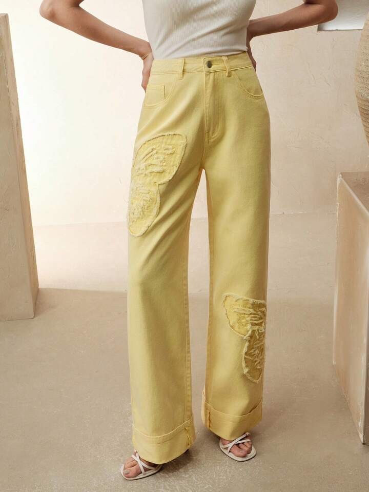 CM-BS227651 Women Casual Seoul Style Mid Waist Embroidered Straight Leg Jeans - Yellow